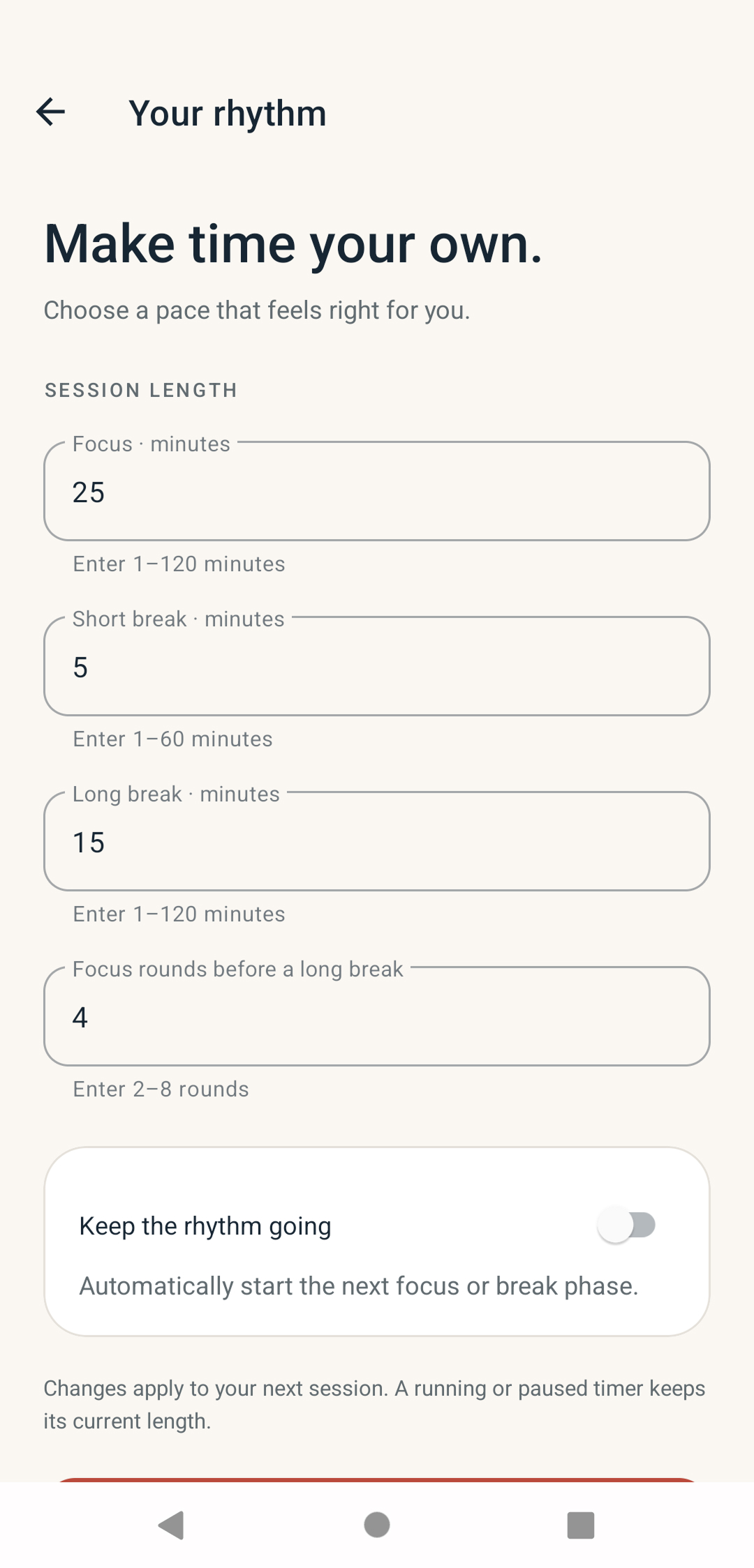 Settings for focus, short break, long break, and rounds