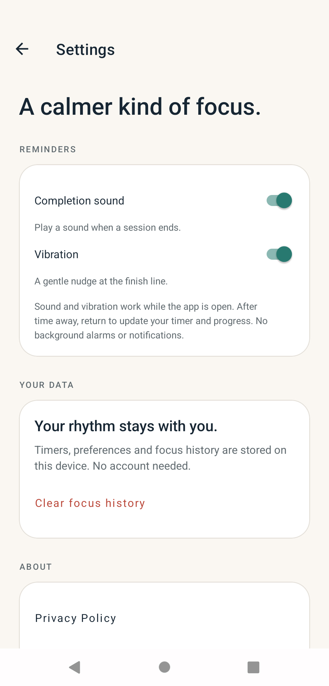 FocusSprout settings for completion sound, vibration, and local data